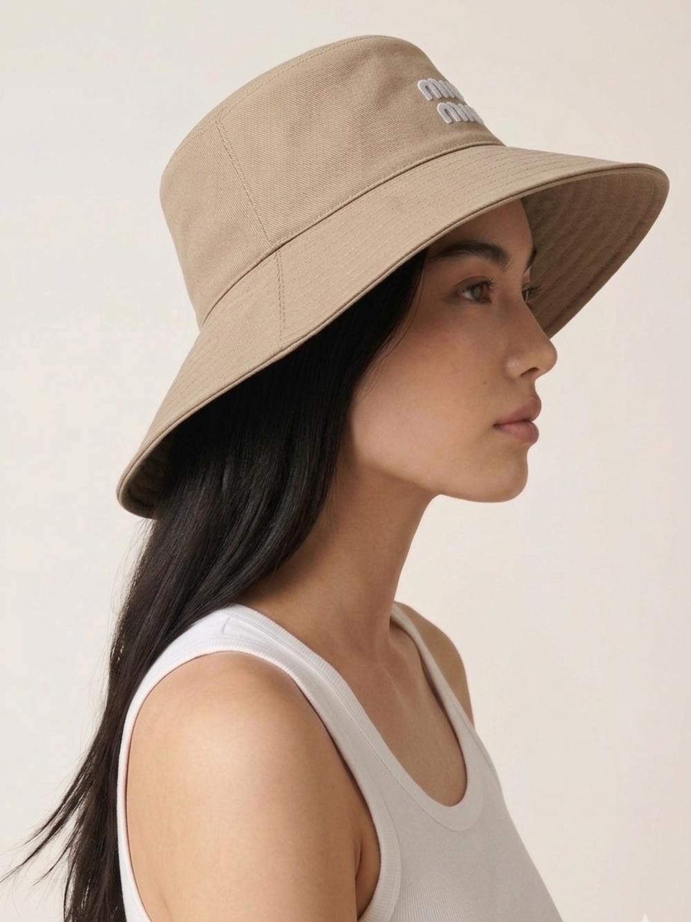 🔥NEW‼️✨️ MIU MIU ✨️ Tan Beige Wide Brim Hat w. White Logo - Women Men Unisex - Picture 3 of 15